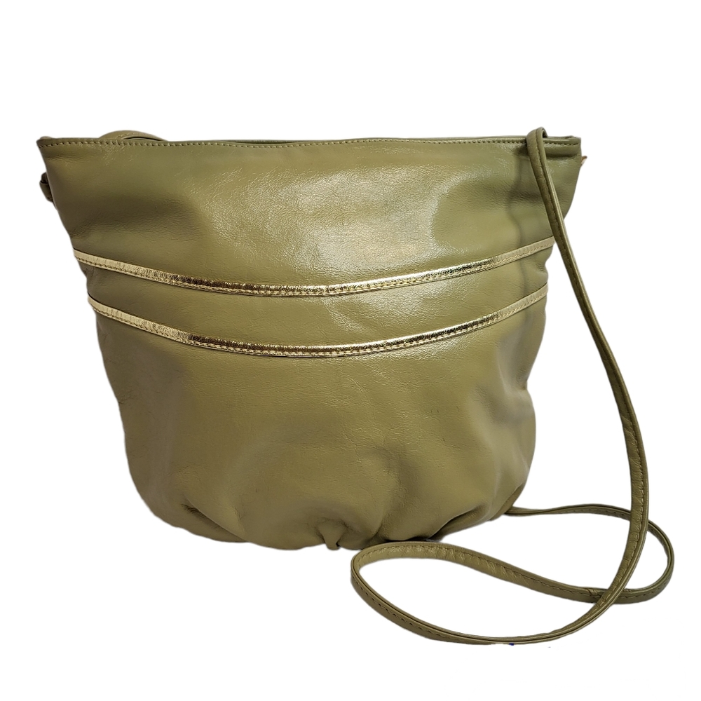 Vintage small green+gold crossbody bucket bag, zipper closure velvety interior.